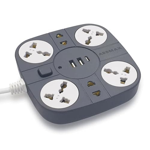 ADDMAX Extension Board with USB | 6 Power Sockets, 2 USB Ports + 1 Type-C Port | 1.8M Heavy Duty Cord | 10A 220V Multi Plug Extension Cord | Fireproof Power Strip for Home, Office & Laptop – Grey